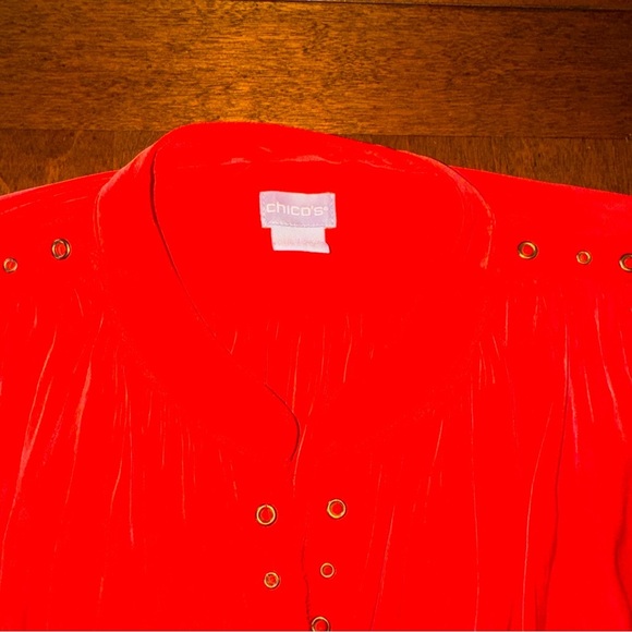 Chicos Womens Red Drape Sleeve Top With Gold Grommet Shirt Size 1 8 Medium - Picture 4 of 12